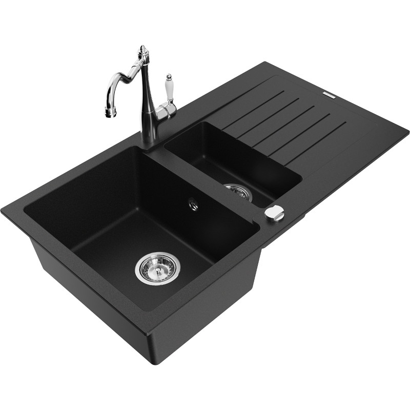 Mexen Matias fregadero de granito de 1,5 tazones con escurridor y grifo de cocina Carla, negro - 6502-77-670700-00