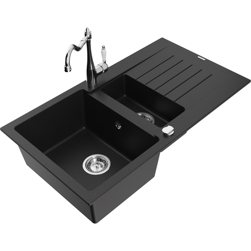 Mexen Matias granite sink 1.5-bowl with drainer and Carla kitchen tap, black - 6502-77-670700-00