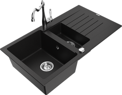 Mexen Matias granite sink 1.5-bowl with drainer and Carla kitchen tap, black - 6502-77-670700-00