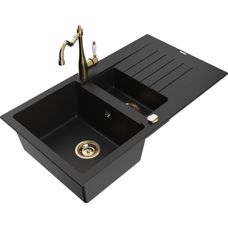 Mexen Matias fregadero de granito de 1,5 senos con escurridor y grifo de cocina Carla, negro - 6502-77-670700-50