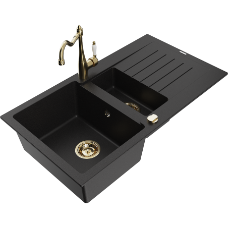 Mexen Matias granite sink 1.5-bowl with drainer and kitchen faucet Carla, black - 6502-77-670700-50