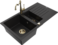 Mexen Matias granite sink 1.5-bowl with drainer and Carla kitchen tap, black - 6502-77-670700-50