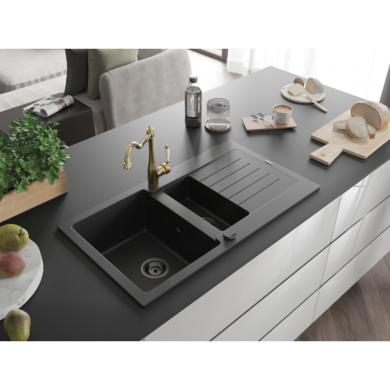 Mexen Matias fregadero de granito de 1,5 compartimentos con escurridor y grifo de cocina Carla, negro - 6502-77-670700-50-B