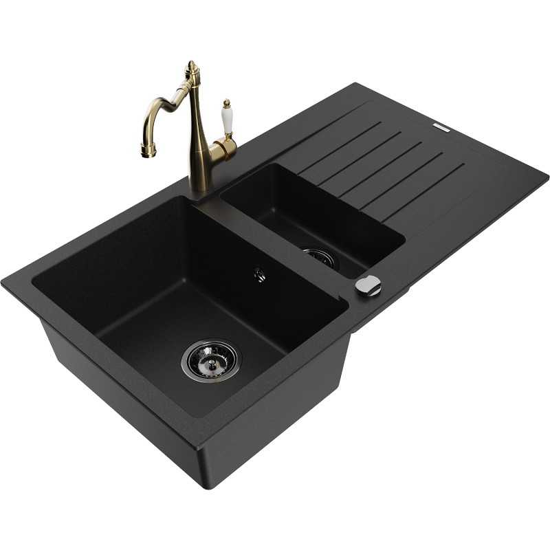 Mexen Matias fregadero de granito de 1,5 senos con escurridor y grifo de cocina Carla, negro - 6502-77-670700-50-B