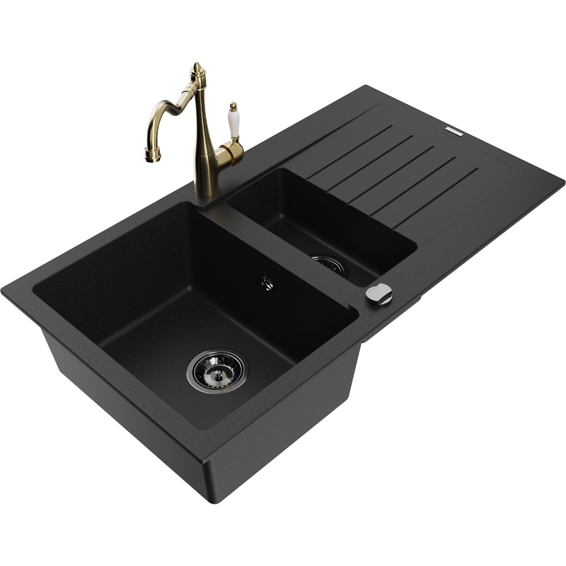 Mexen Matias granitdiskbänk med 1,5 ho med avrinning och köksblandare Carla, svart - 6502-77-670700-50-B