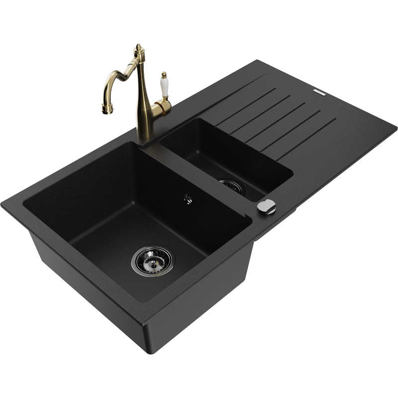 Mexen Matias granite sink 1.5-bowl with drainer and Carla kitchen tap, black - 6502-77-670700-50-B