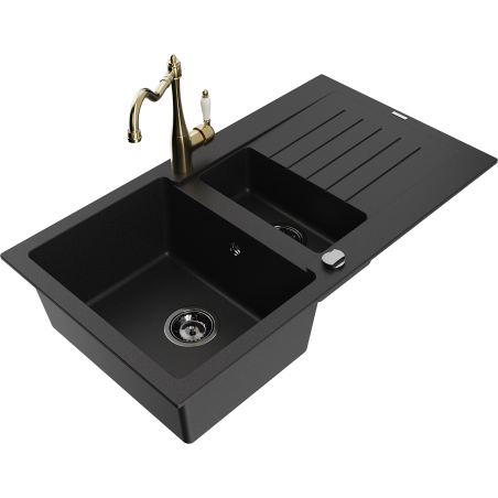 Mexen Matias granite sink 1.5-bowl with drainer and Carla kitchen tap, black - 6502-77-670700-50-B