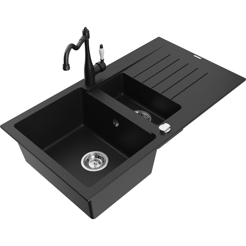 Mexen Matias évier en granit 1,5 bac avec égouttoir et robinet de cuisine Carla, noir - 6502-77-670700-70