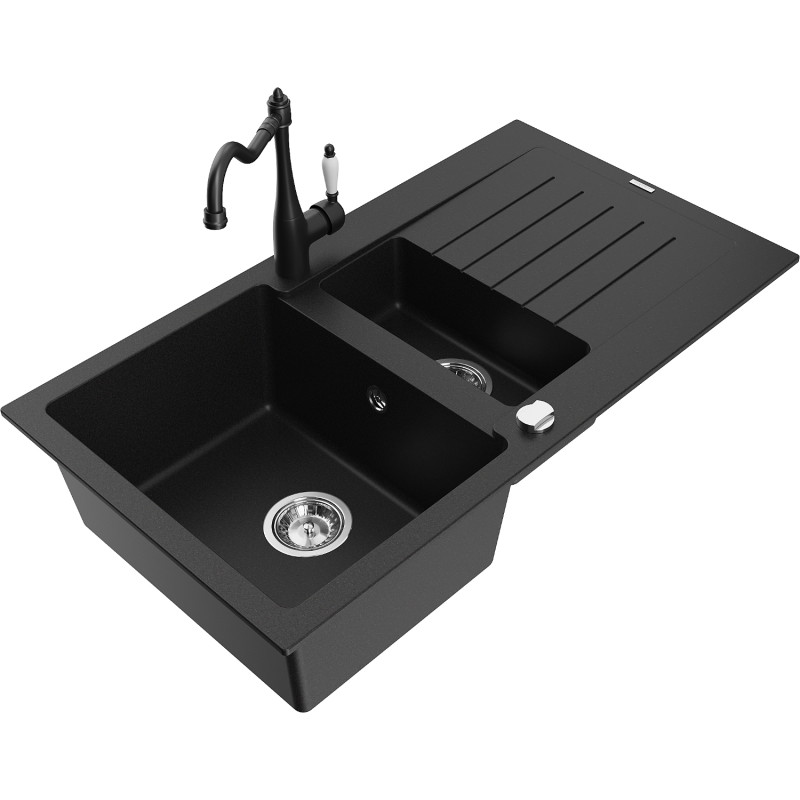 Mexen Matias fregadero de granito de 1,5 tazones con escurridor y grifo de cocina Carla, negro - 6502-77-670700-70
