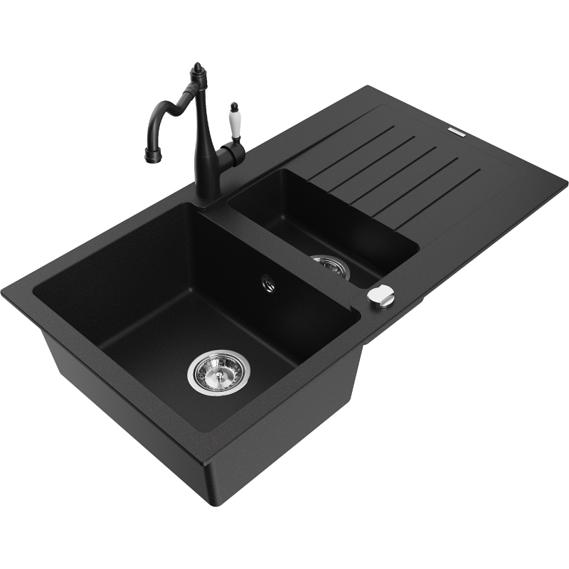 Mexen Matias lava-loiça de granito de 1,5 cubas com escorredor e torneira de cozinha Carla, preto - 6502-77-670700-70