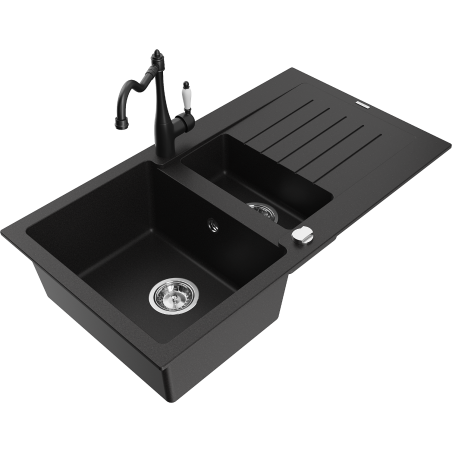 Mexen Matias granite sink 1.5-bowl with drainer and Carla kitchen tap, black - 6502-77-670700-70