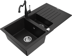 Mexen Matias granite sink 1.5-bowl with drainer and Carla kitchen tap, black - 6502-77-670700-70