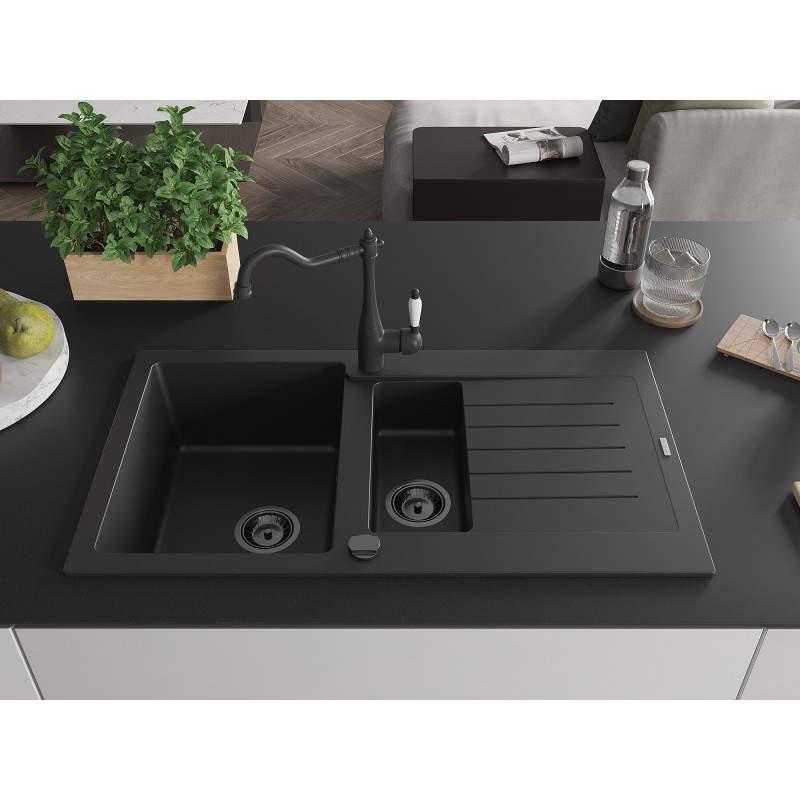 Mexen Matias fregadero de granito 1,5 tazones con escurreplatos y grifo de cocina Carla, negro - 6502-77-670700-70-B
