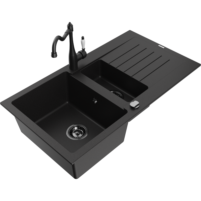 Mexen Matias lava-louça de granito 1,5-bacia com escorredor e torneira de cozinha Carla, preto - 6502-77-670700-70-B