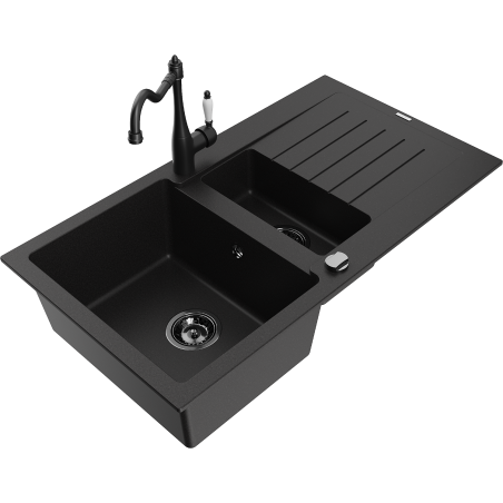 Mexen Matias granite sink 1.5-bowl with drainer and Carla kitchen tap, black - 6502-77-670700-70-B