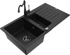 Mexen Matias granite sink 1.5-bowl with drainer and Carla kitchen tap, black - 6502-77-670700-70-B