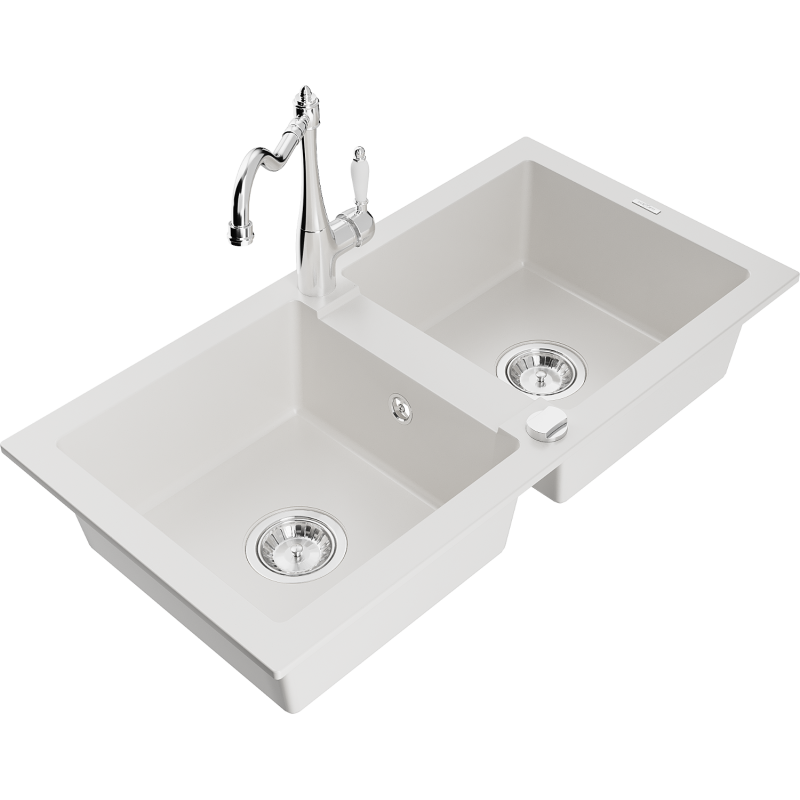 Mexen Mario νεροχύτης γρανίτης 2-θαλάμων με μπαταρία κουζίνας Carla, λευκός