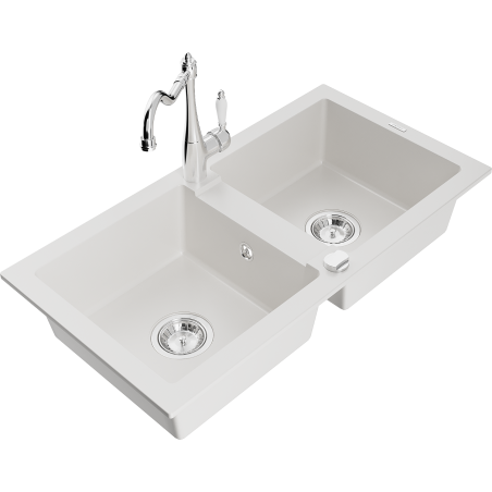 Mexen Mario granite sink 2-chamber with Carla kitchen tap, white - 6504-20-670700-00