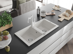 Mexen Mario granite kitchen sink with 2 bowls and Carla kitchen faucet, white - 6504-20-670700-20