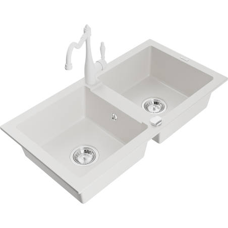 Mexen Mario fregadero de granito de 2 compartimentos con grifo de cocina Carla, blanco - 6504-20-670700-20