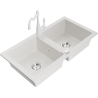 Mexen Mario granite kitchen sink with 2 bowls and Carla kitchen faucet, white - 6504-20-670700-20