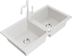 Mexen Mario granite kitchen sink with 2 bowls and Carla kitchen faucet, white - 6504-20-670700-20