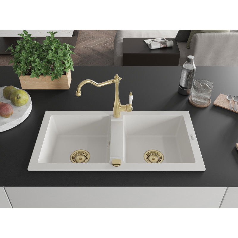 Mexen Mario granite sink 2-bowl with Carla kitchen tap, white - 6504-20-670700-50