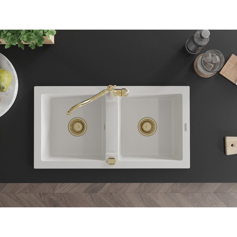 Mexen Mario granite sink 2-bowl with Carla kitchen tap, white - 6504-20-670700-50