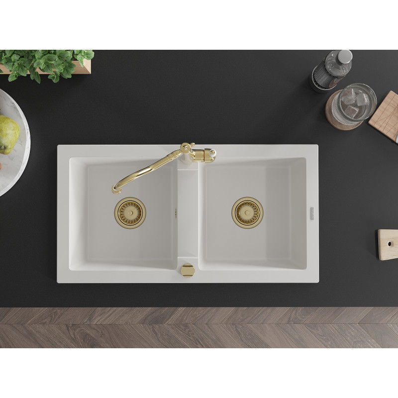 Mexen Mario granitno pomivalno korito z 2 prekati in kuhinjsko armaturo Carla, belo - 6504-20-670700-50