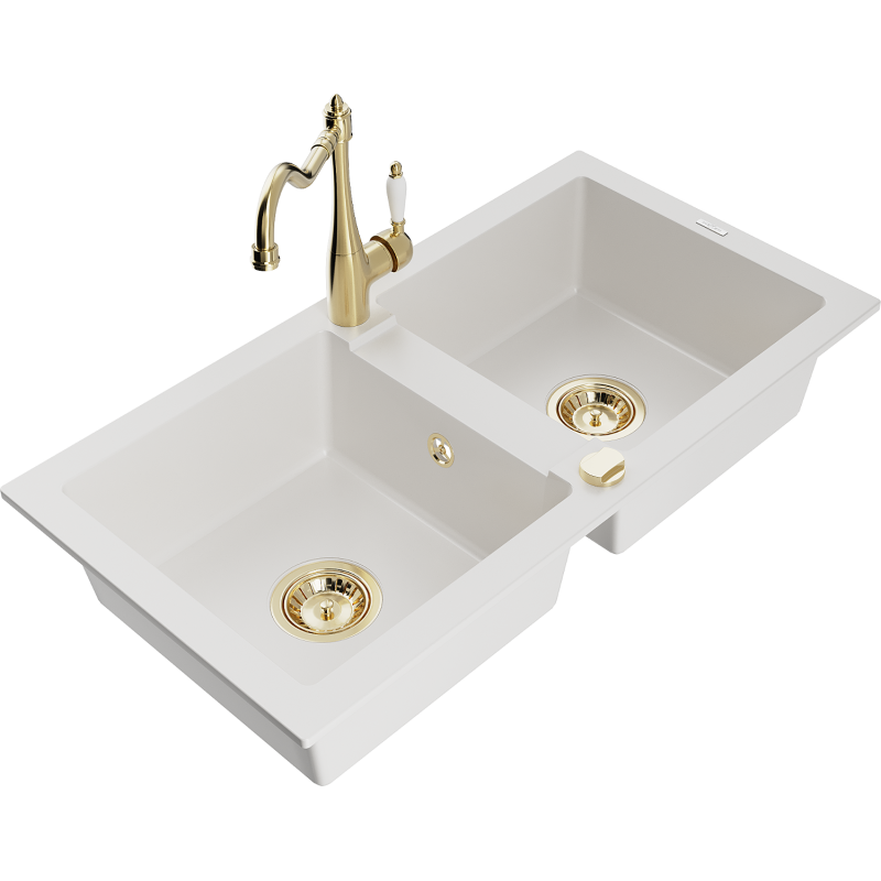 Mexen Mario fregadero de granito de 2 compartimentos con grifo de cocina Carla, blanco - 6504-20-670700-50
