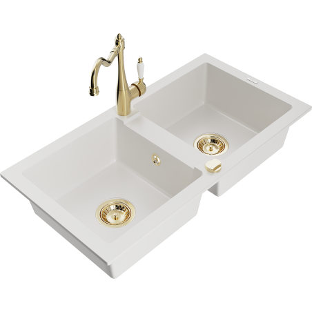 Mexen Mario fregadero de granito de 2 compartimentos con grifo de cocina Carla, blanco - 6504-20-670700-50