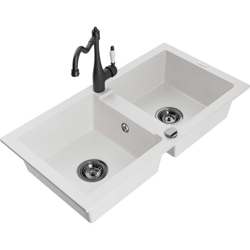 Mexen Mario évier de cuisine en granit à 2 cuves avec robinet de cuisine Carla, blanc - 6504-20-670700-70