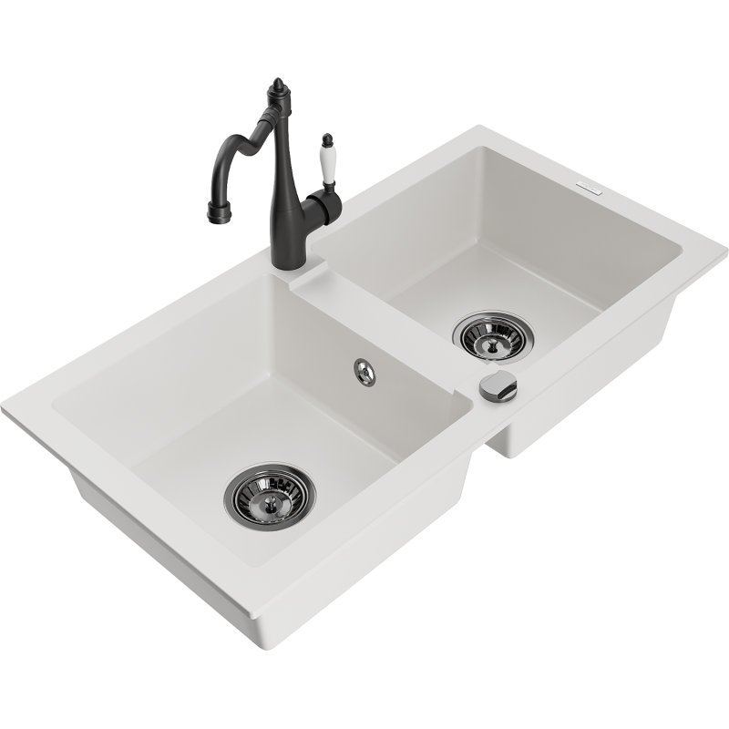 Mexen Mario granite sink 2-chamber with Carla kitchen tap, white - 6504-20-670700-70