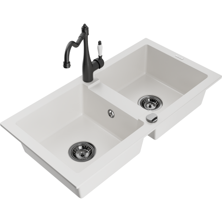 Mexen Mario fregadero de granito de 2 senos con grifo de cocina Carla, blanco - 6504-20-670700-70