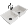 Mexen Mario granite sink 2-chamber with Carla kitchen tap, white - 6504-20-670700-70
