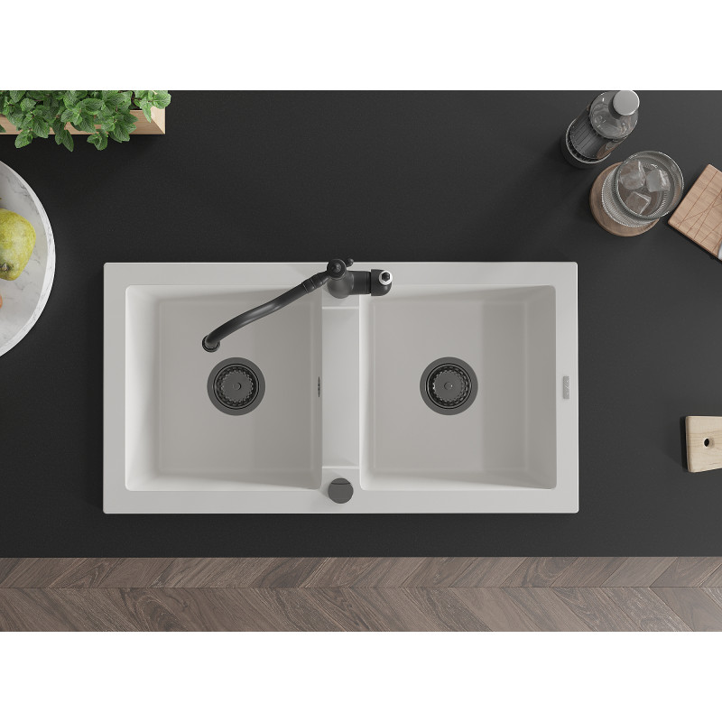 Mexen Mario granieten dubbele spoelbak met keukenkraan Carla, wit - 6504-20-670700-70