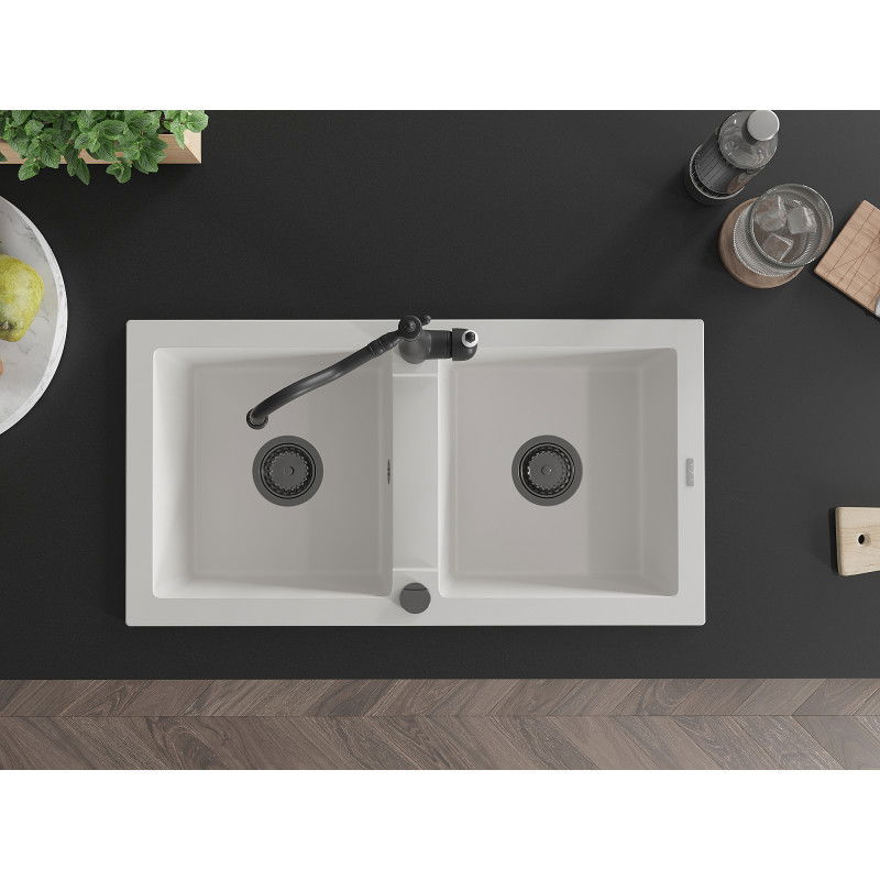 Mexen Mario granitdiskbänk med 2 kammare och köksblandare Carla, vit - 6504-20-670700-70