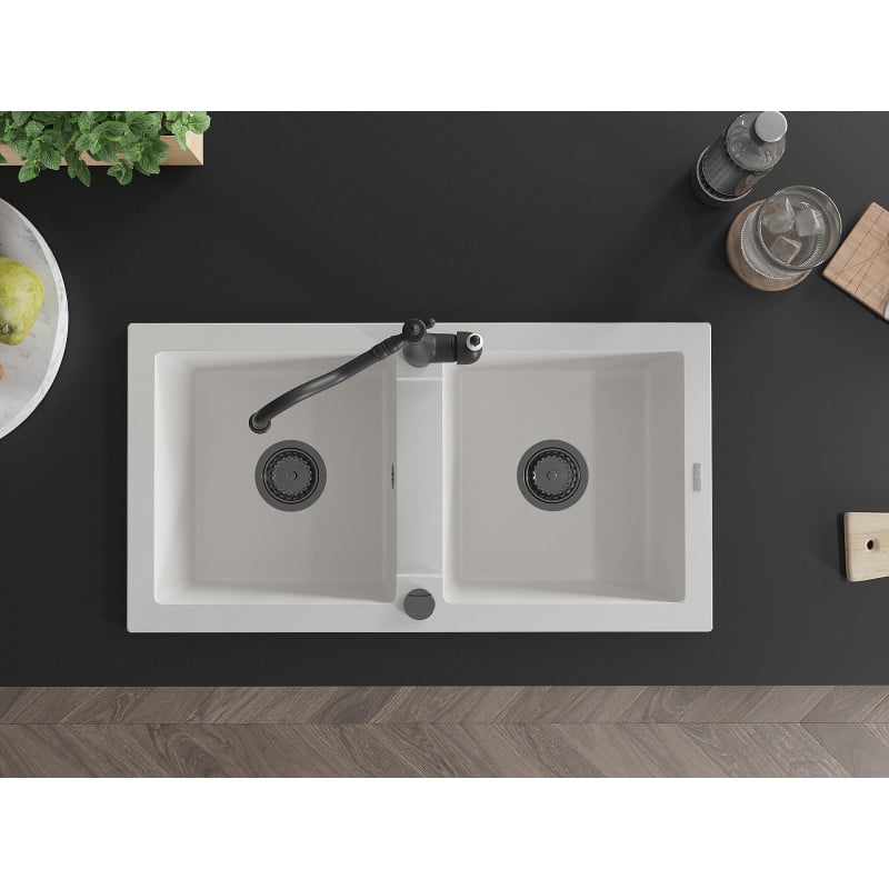 Mexen Mario granite sink 2-chamber with Carla kitchen tap, white - 6504-20-670700-70