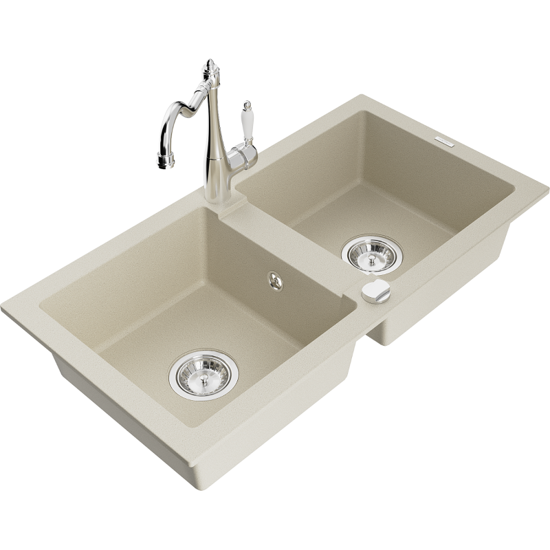 Mexen Mario 2-bowl granite kitchen sink with Carla kitchen tap, beige - 6504-69-670700-00