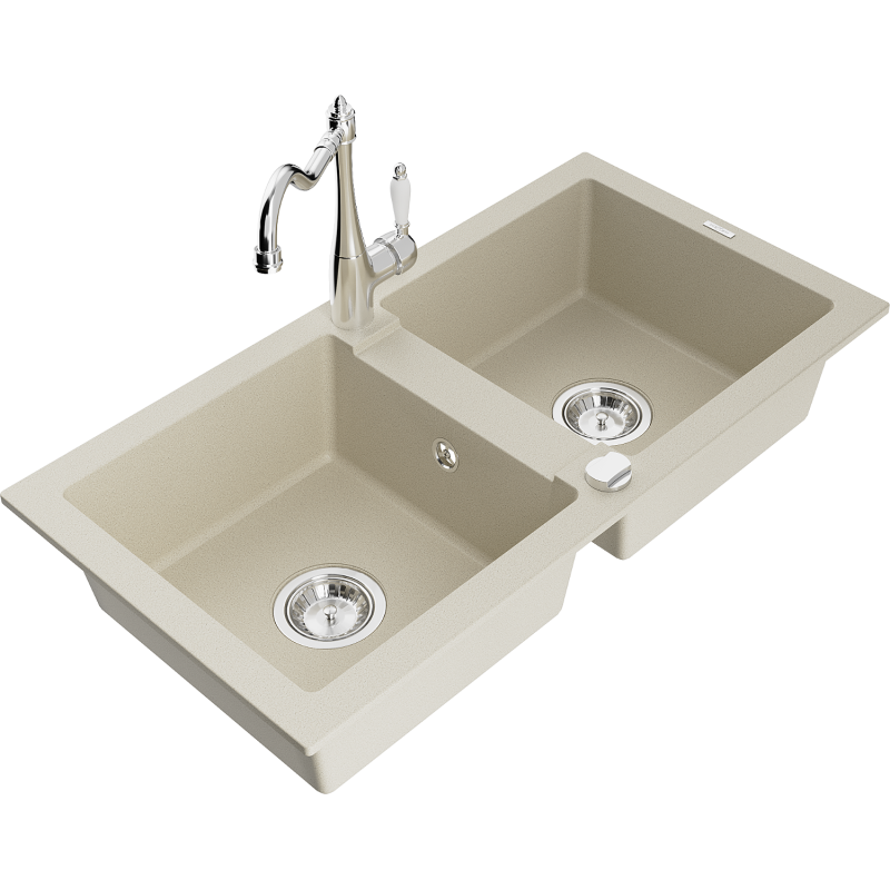 Mexen Mario Granitdiskbänk med två skålar och köksblandare Carla, beige - 6504-69-670700-00