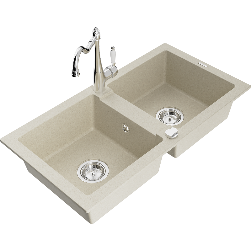 Mexen Mario lavello in granito a 2 vasche con rubinetto da cucina Carla, beige - 6504-69-670700-00