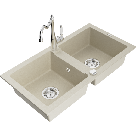 Mexen Mario lavello in granito a 2 vasche con rubinetto da cucina Carla, beige - 6504-69-670700-00