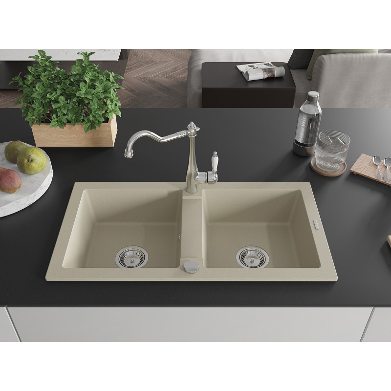 Mexen Mario granit gootsteen 2-kamer met keukenkraan Carla, beige - 6504-69-670700-00