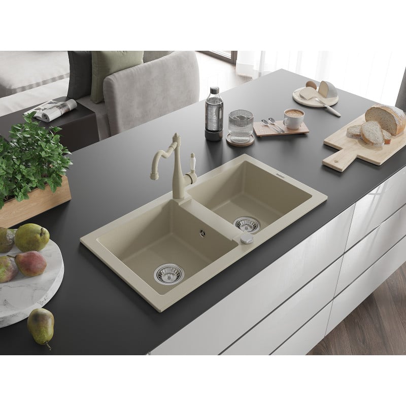 Mexen Mario fregadero de granito de 2 compartimentos con grifo de cocina Carla, beige - 6504-69-670700-69