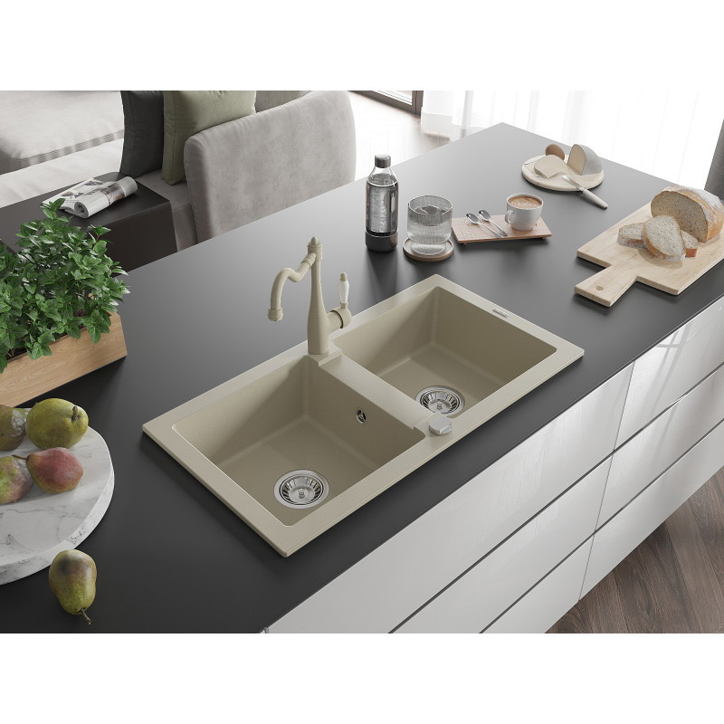 Mexen Mario Granitspüle 2-becken mit Küchenarmatur Carla, beige - 6504-69-670700-69