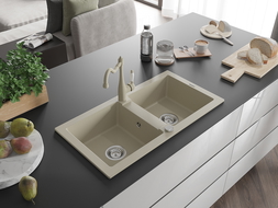 Mexen Mario granite sink 2-bowl with Carla kitchen tap, beige - 6504-69-670700-69