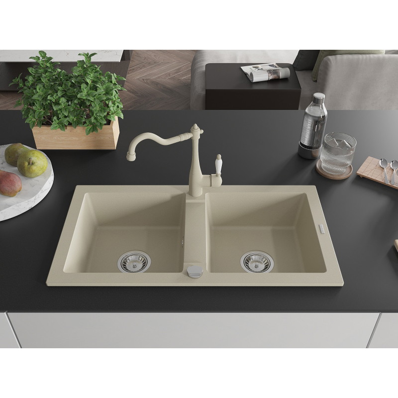Mexen Mario évier en granit 2 bacs avec robinet de cuisine Carla, beige - 6504-69-670700-69