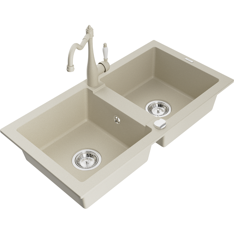 Mexen Mario fregadero de granito de 2 compartimentos con grifo de cocina Carla, beige - 6504-69-670700-69