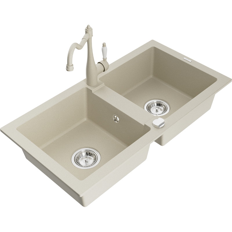Mexen Mario granit gootsteen met 2 kamers en keukenmengkraan Carla, beige - 6504-69-670700-69