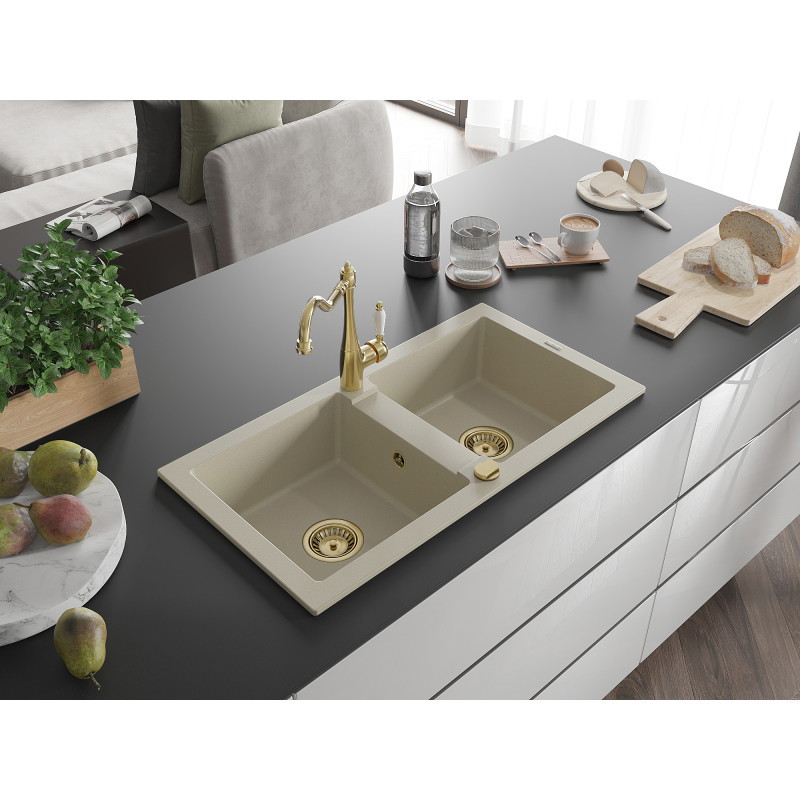 Mexen Mario 2-kamerige granieten gootsteen met keukenkraan Carla, beige - 6504-69-670700-50